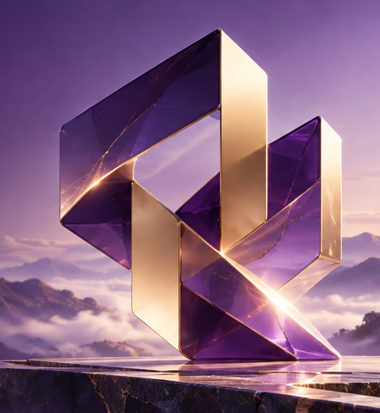 Sculptural prism in reflective champagne gold and amethyst violet